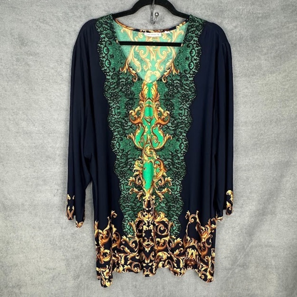 Susan Graver Top Womens 3X Navy Green 3/4 Length Sleeve Stretch Comfort Career
